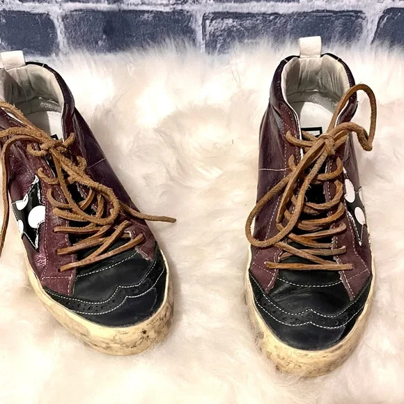 Auth. EUC Golden Goose, super rare, Mid/Star Bordeau trainers in Ametista Lame’